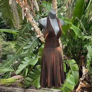 Cachet, metallic copper or bronze pleated halter bubble dress
